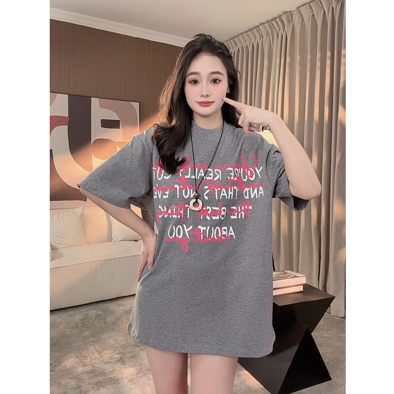 美式字母印花短袖T恤女2025夏季新款宽松遮屁股大版时尚休闲百搭