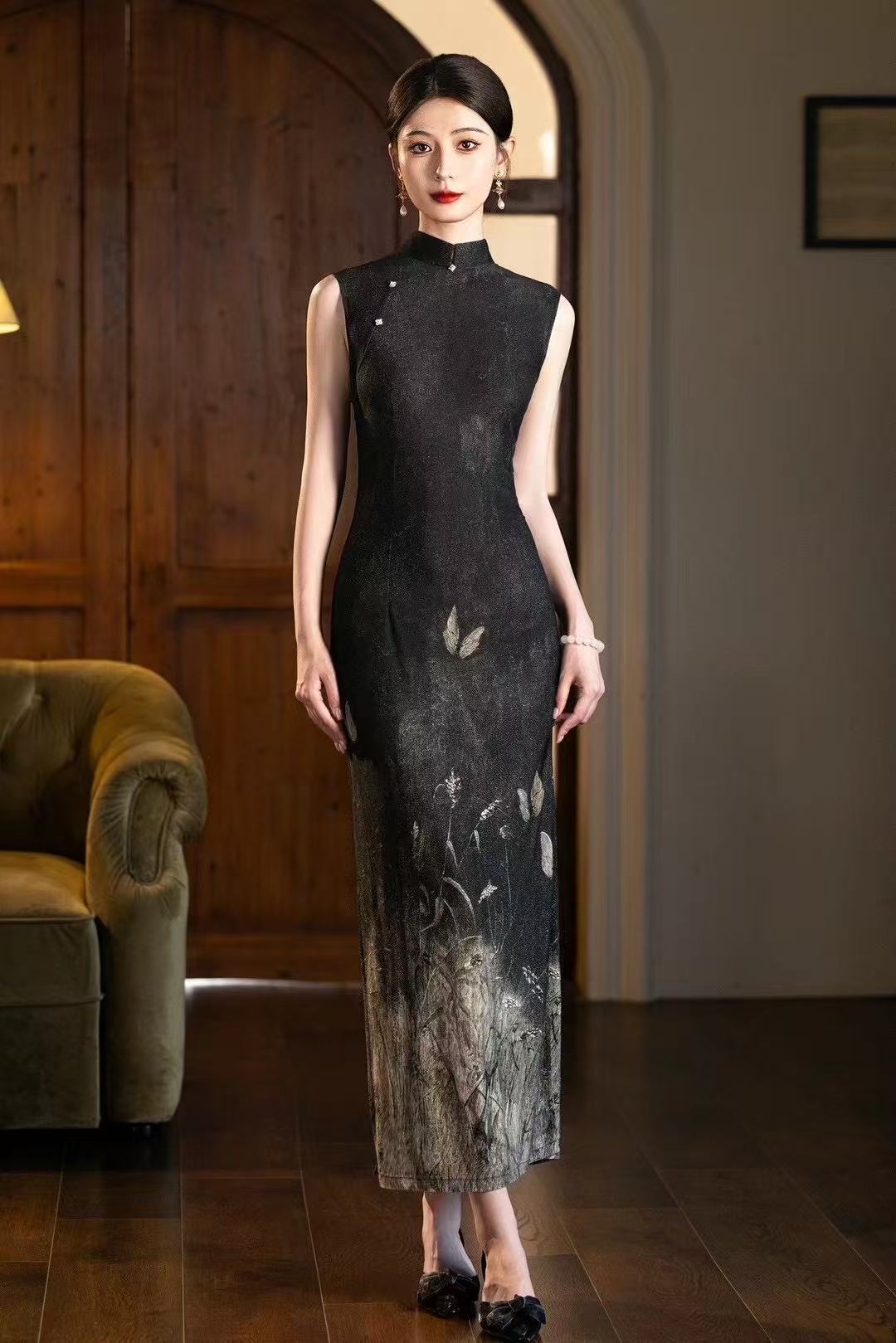 [1143]夏季冰丝单层定位花中长款改良旗袍（有弹力）