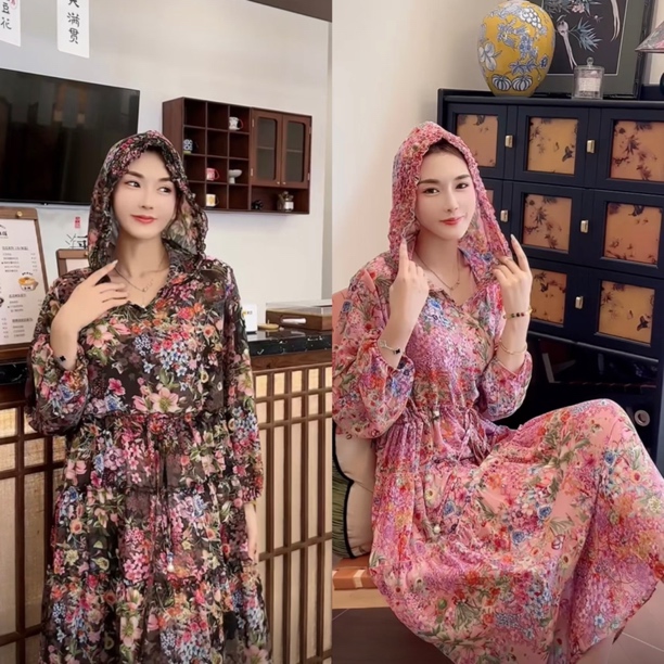 2115新款夏季连帽韩版时尚休闲度假风大码女装防晒连衣裙