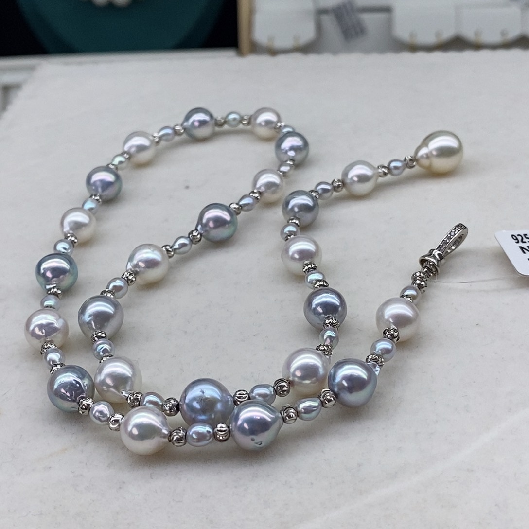 海水珍珠银S925镶嵌项链日本真多麻4-10m m