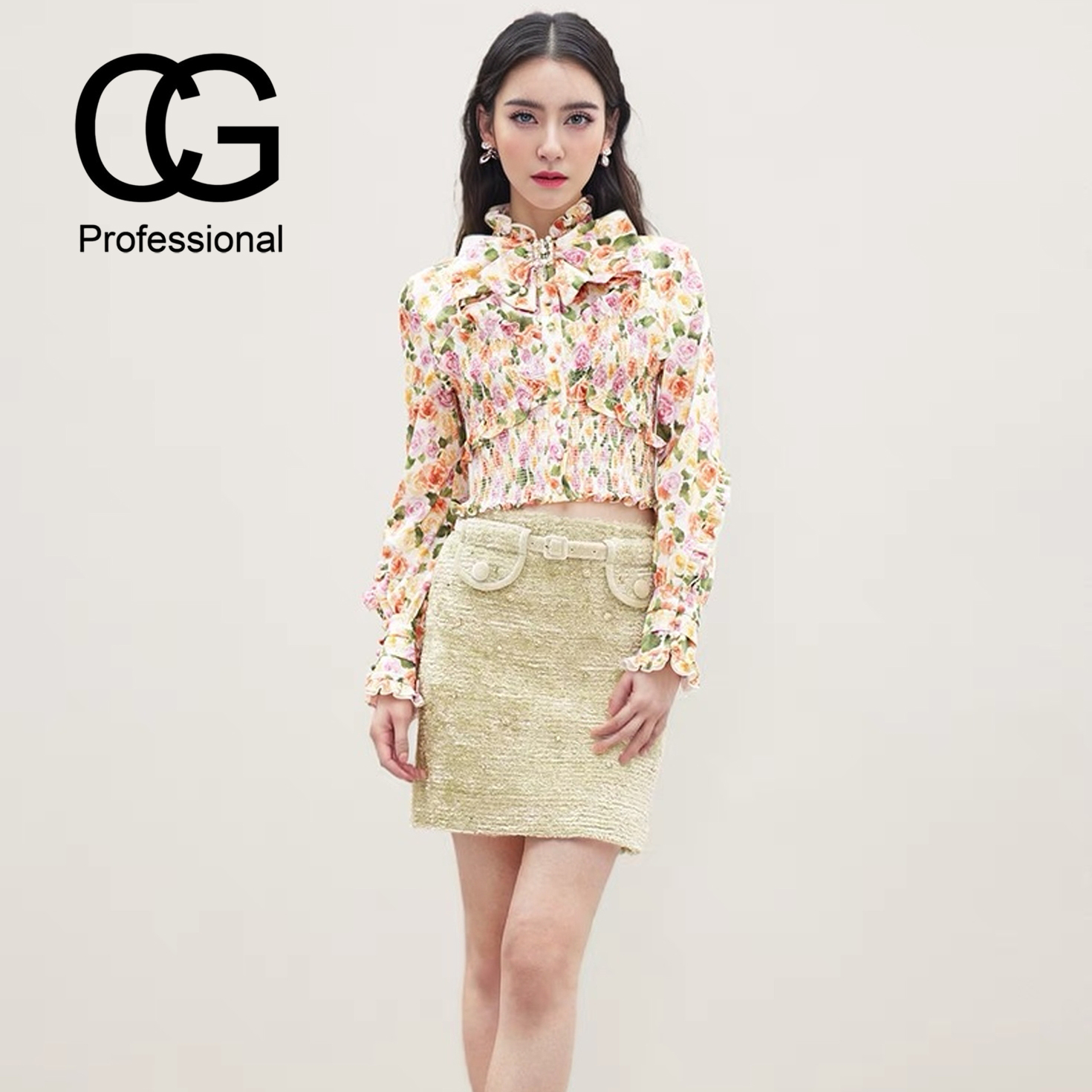 【CG】春季新款玫瑰宫廷风打揽收腰蝴蝶钉珠衬衫