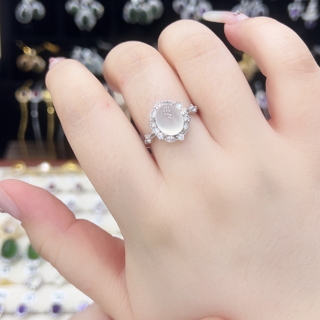 青****蛇纹石玉银S925镶嵌戒指