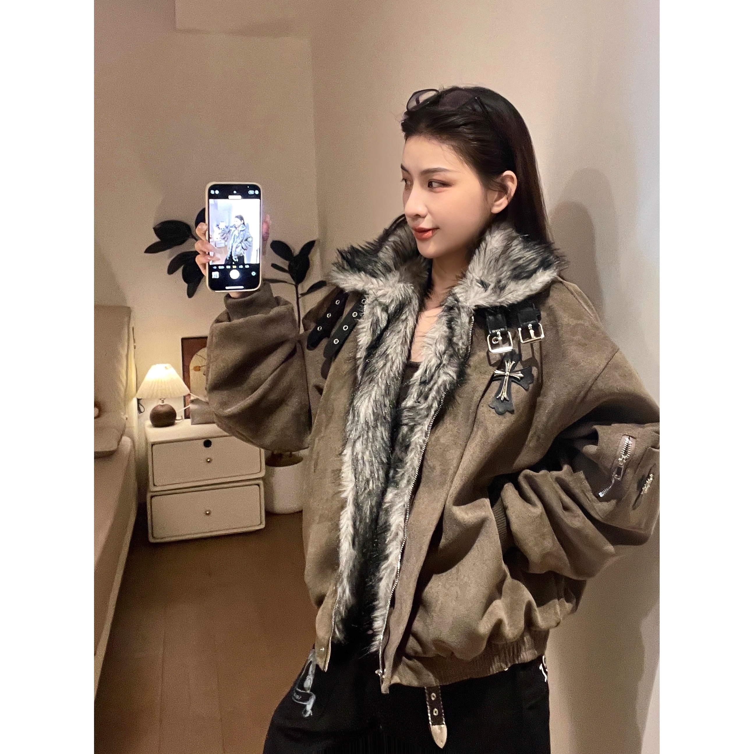 美式毛领座山雕十字架棉衣棉服女装情侣设计感冬季加厚保暖外套潮