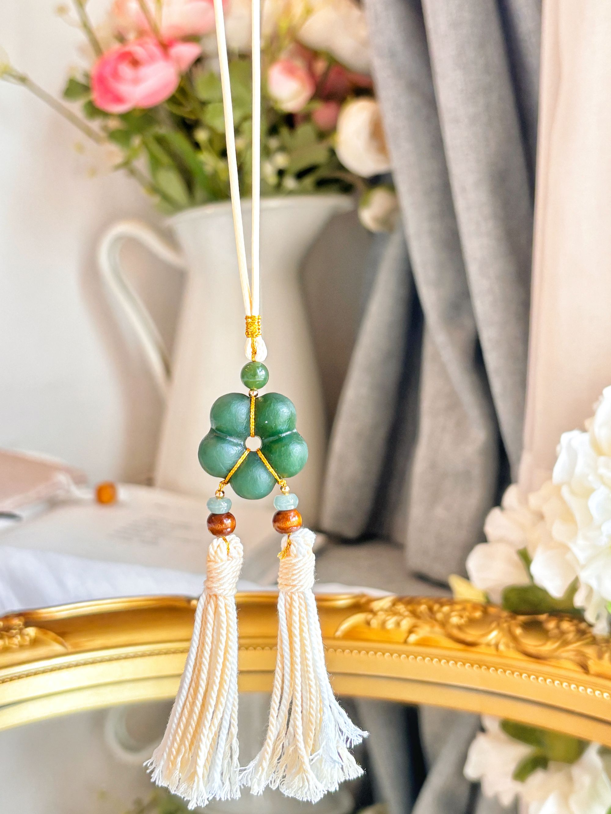 【碧华】纯天然和田玉碧玉立体小花设计款项链（S925）（多样性发其一）