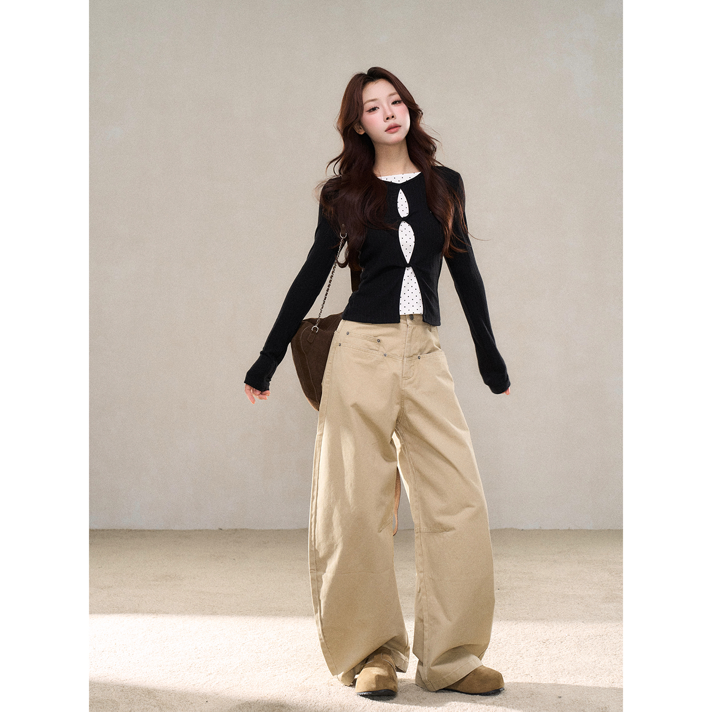 【小野莓】卡其色阔腿牛仔裤女秋时尚高腰显瘦百搭长裤 清清BR59930