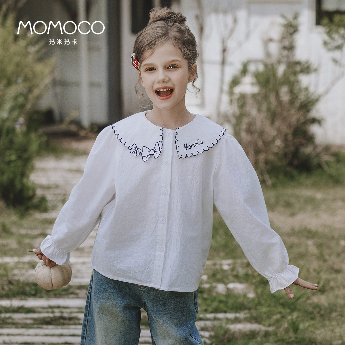 MOMOCO/玛米玛卡秋季女童洋气休闲百搭大翻领衬衫77780234001