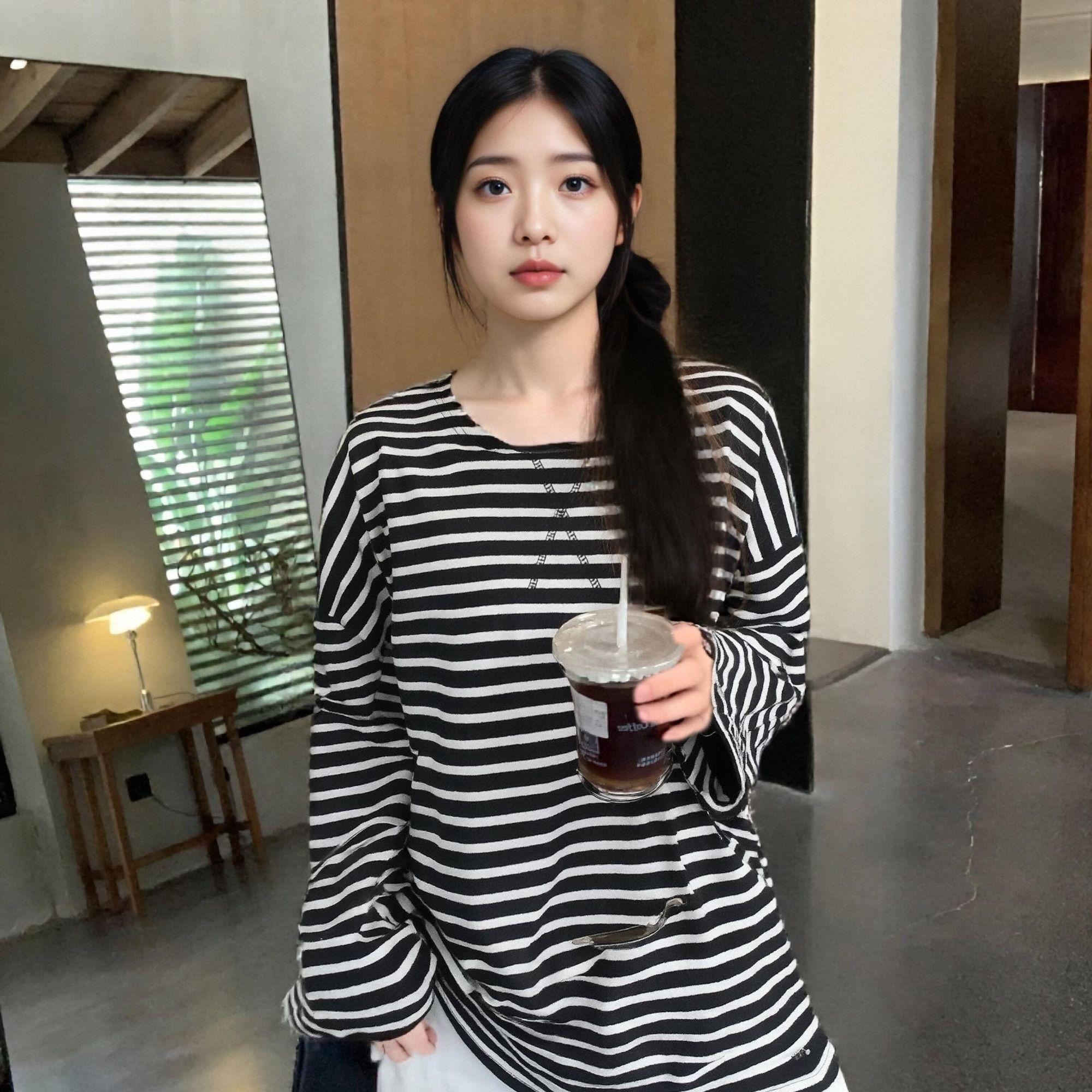 落肩袖扩版韩系宽松经典条纹女春秋时尚T恤H1012(不分袖口颜色)