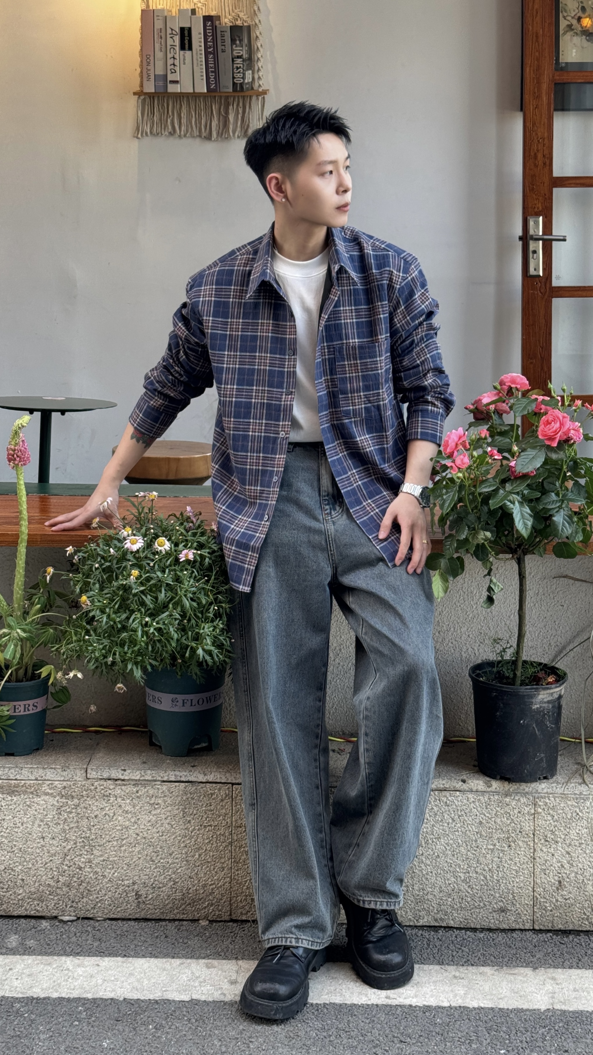2025春季经典格纹百搭休闲水洗宽松复古全棉男士长袖翻领衬衫