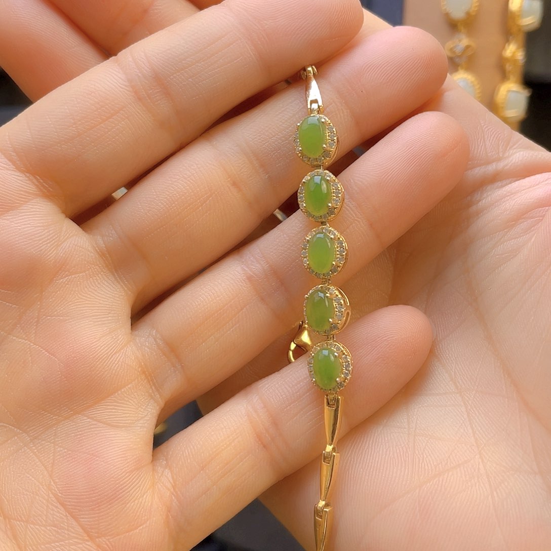 和田玉手链银S925镀金镶嵌