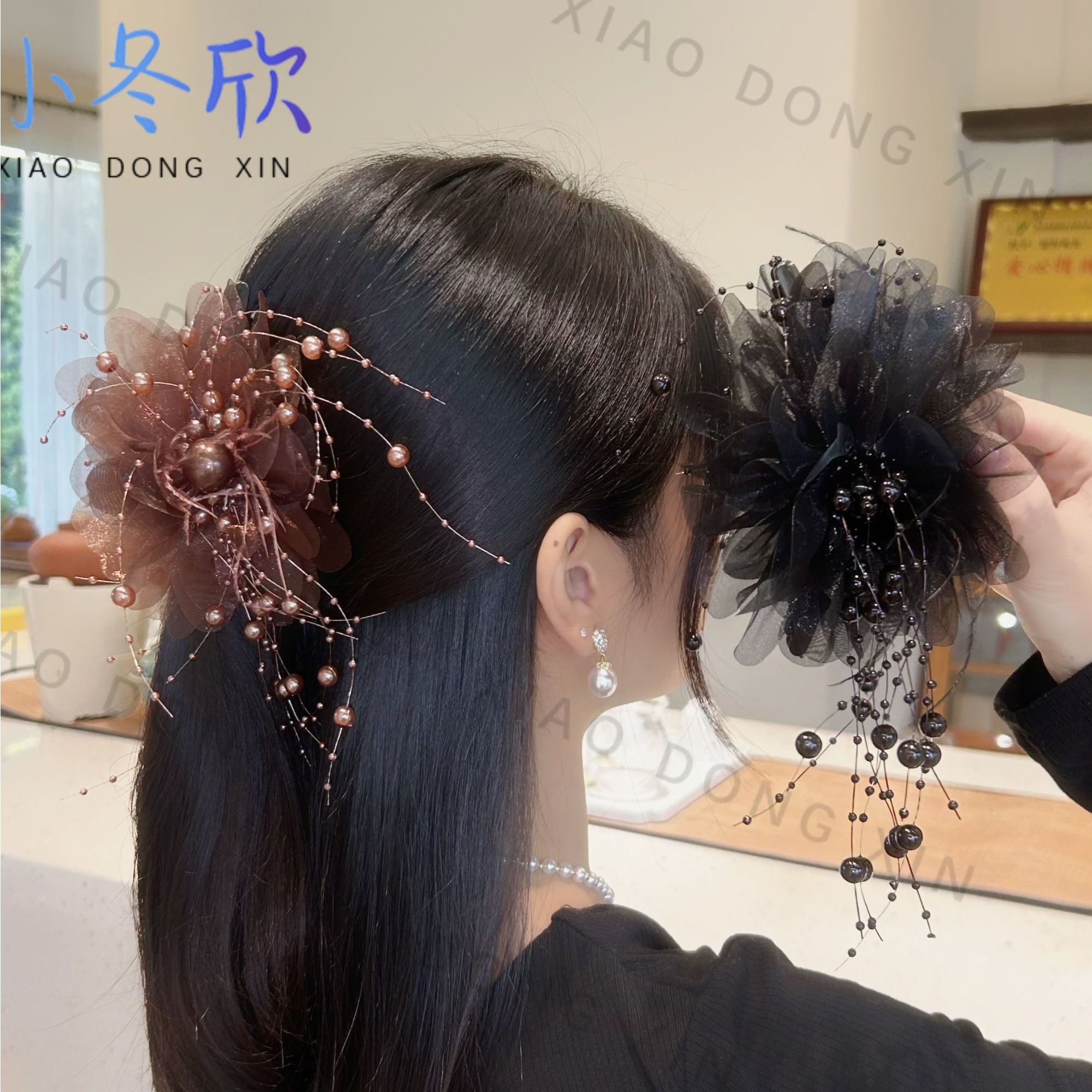 2025新款牡丹流苏珠珠流苏抓夹显发量蓬松高颅顶鲨鱼夹发夹