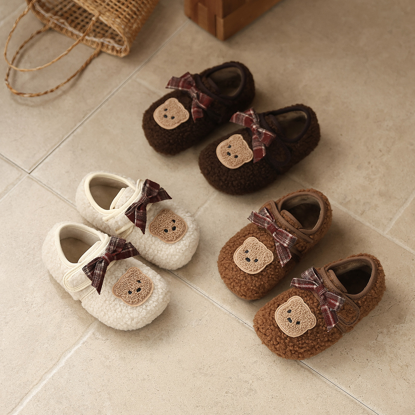 小熊蝴蝶结格子卷卷毛棉鞋(鞋边微胶 ）