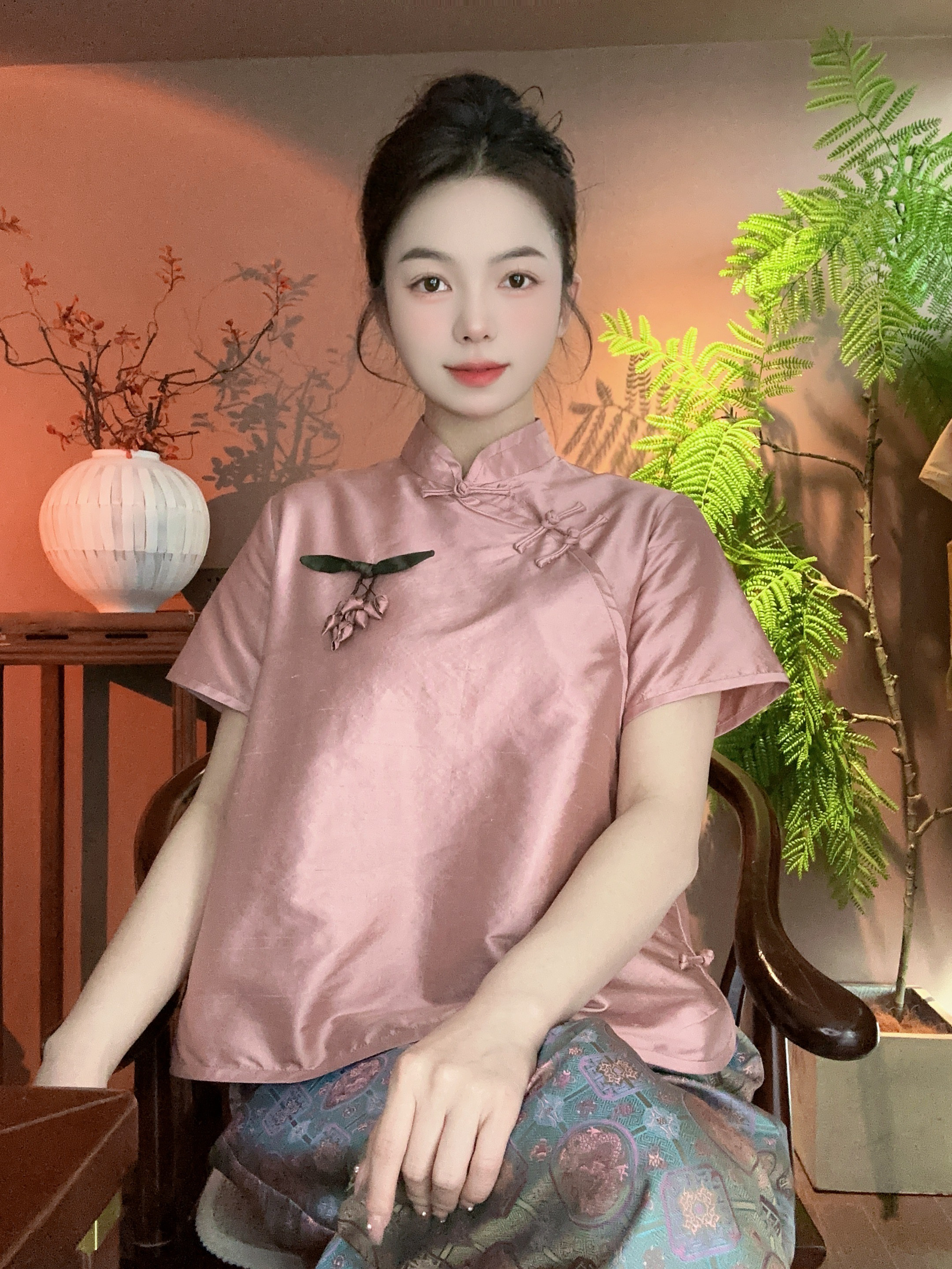 《深圳佐漫》Z0401粉蔷薇 新中式高定双宫丝斜襟盘扣气质国风衬衫