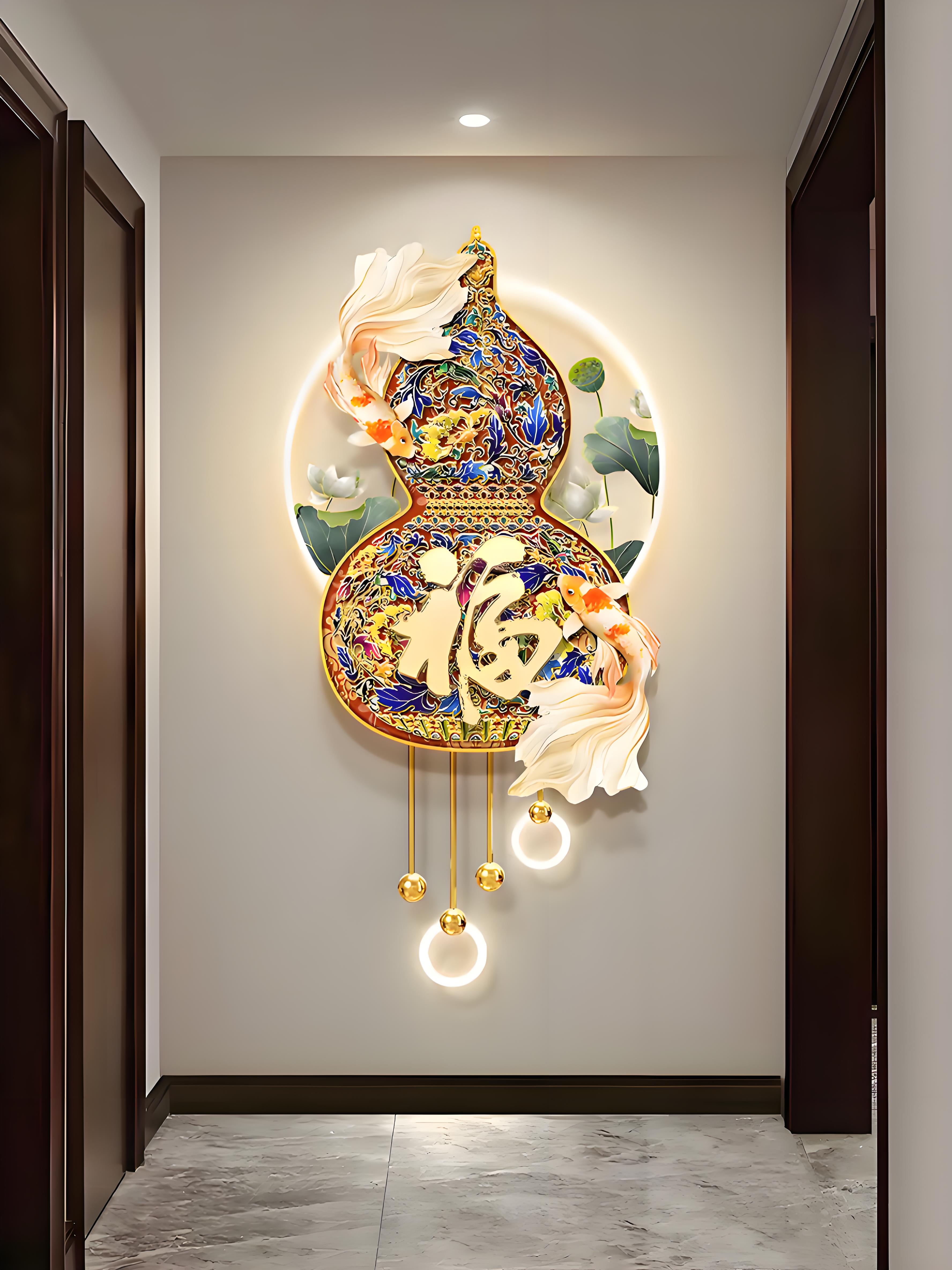 荷花锦鲤入户玄关装饰画新中式葫芦走廊尽头挂画珐琅彩福字壁画