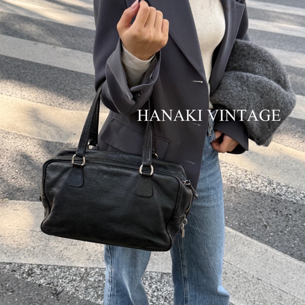 95新 Prada/普拉达 花绮中古/Prada黑色软皮plume荔枝纹单肩包