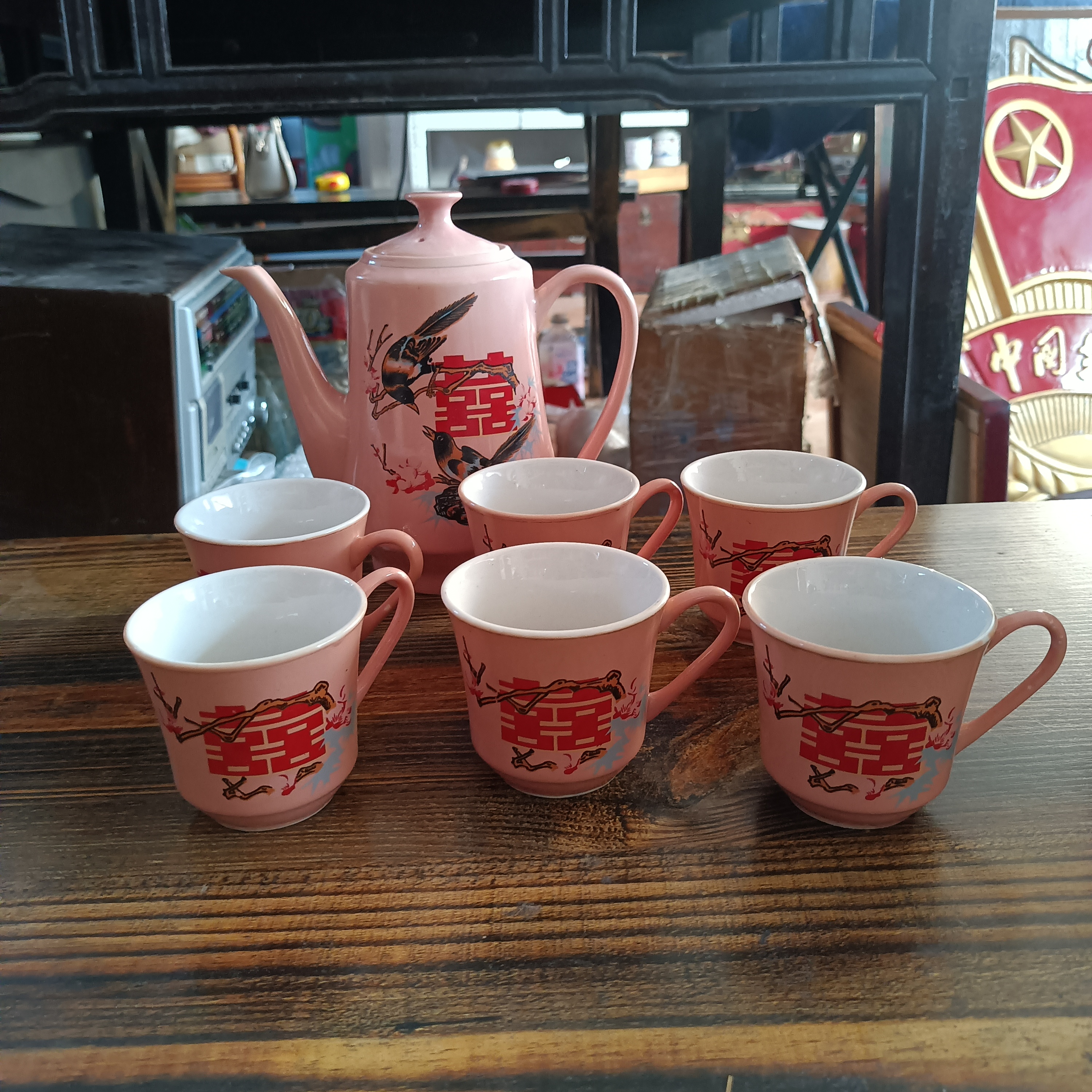 家居饰品桌面摆件喜鹊登梅茶具一套