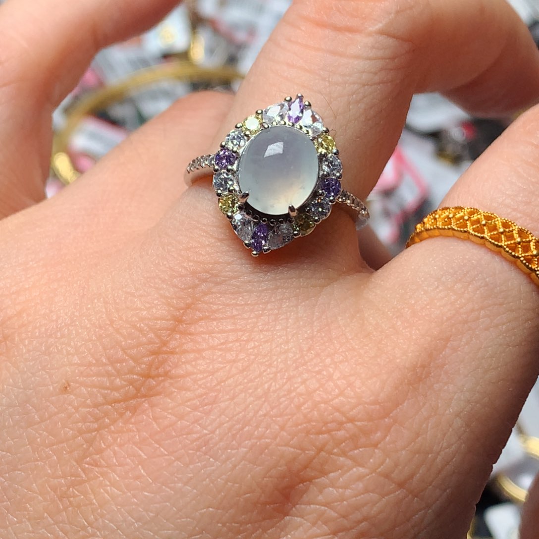 翡翠戒指银S925镶嵌天然翡翠戒指