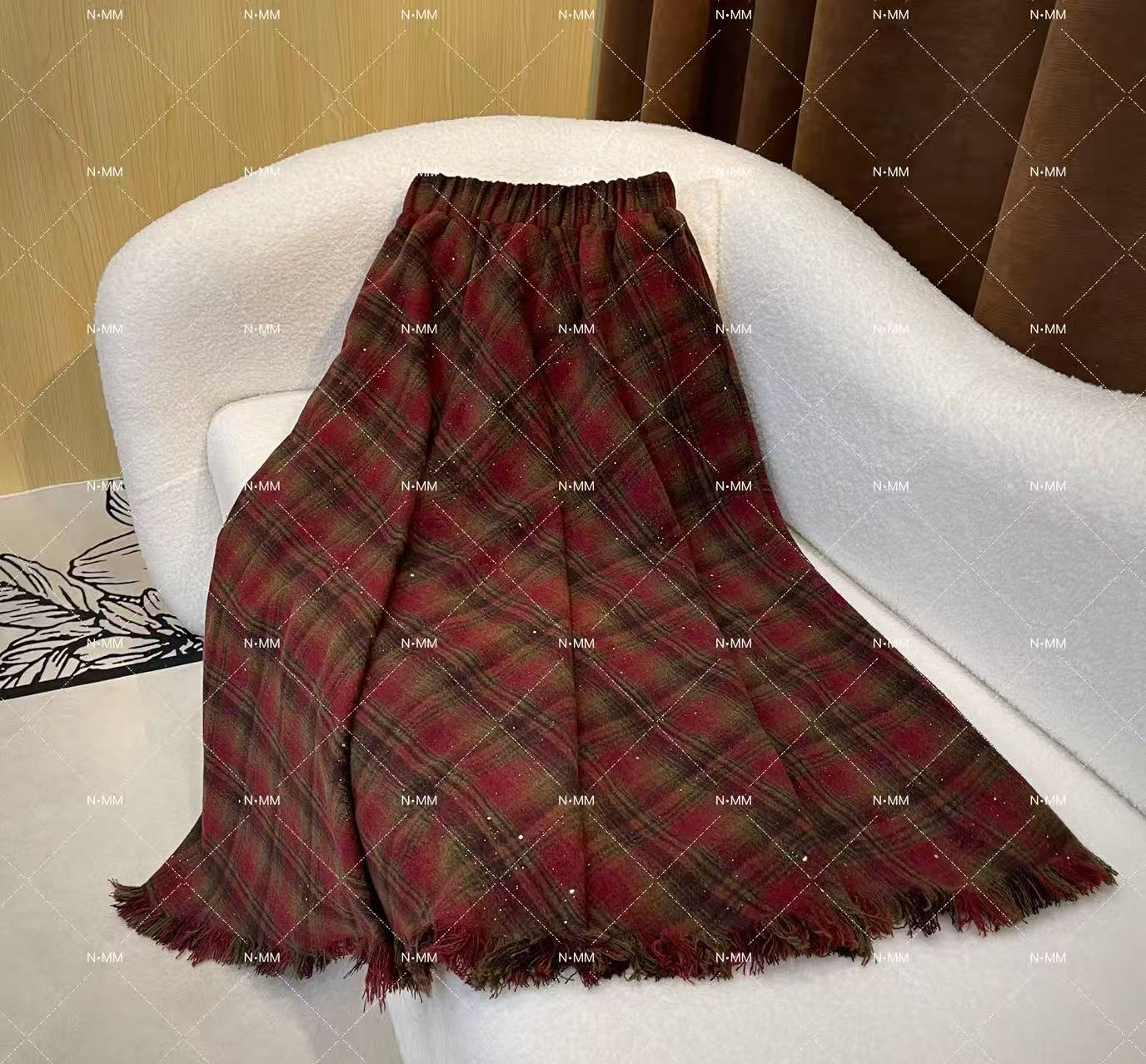 【N.MM】秋冬复古新款气质时尚A型中长裙条纹格子高腰半身裙D0060