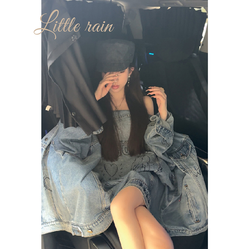 小雨姐姐【涂画牛仔】时尚设计感手绘图案烫钻装饰阔版宽松牛仔外套