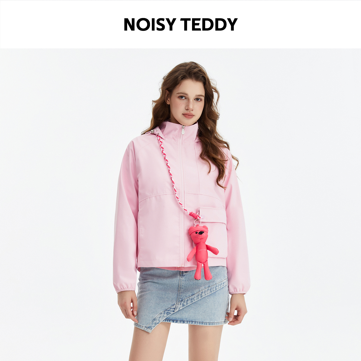 NOISY TEDDY设计款小熊玩偶休闲连帽外套长袖防风时尚拉链开衫