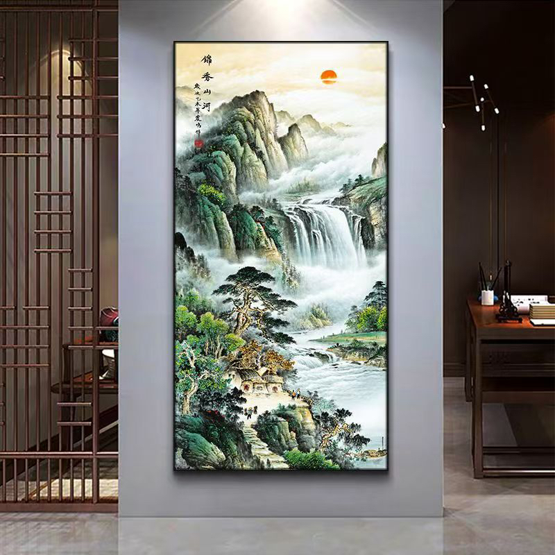 锦绣山河国画山水画高档聚宝盆竖版装饰画办公室玄关客厅挂画大气