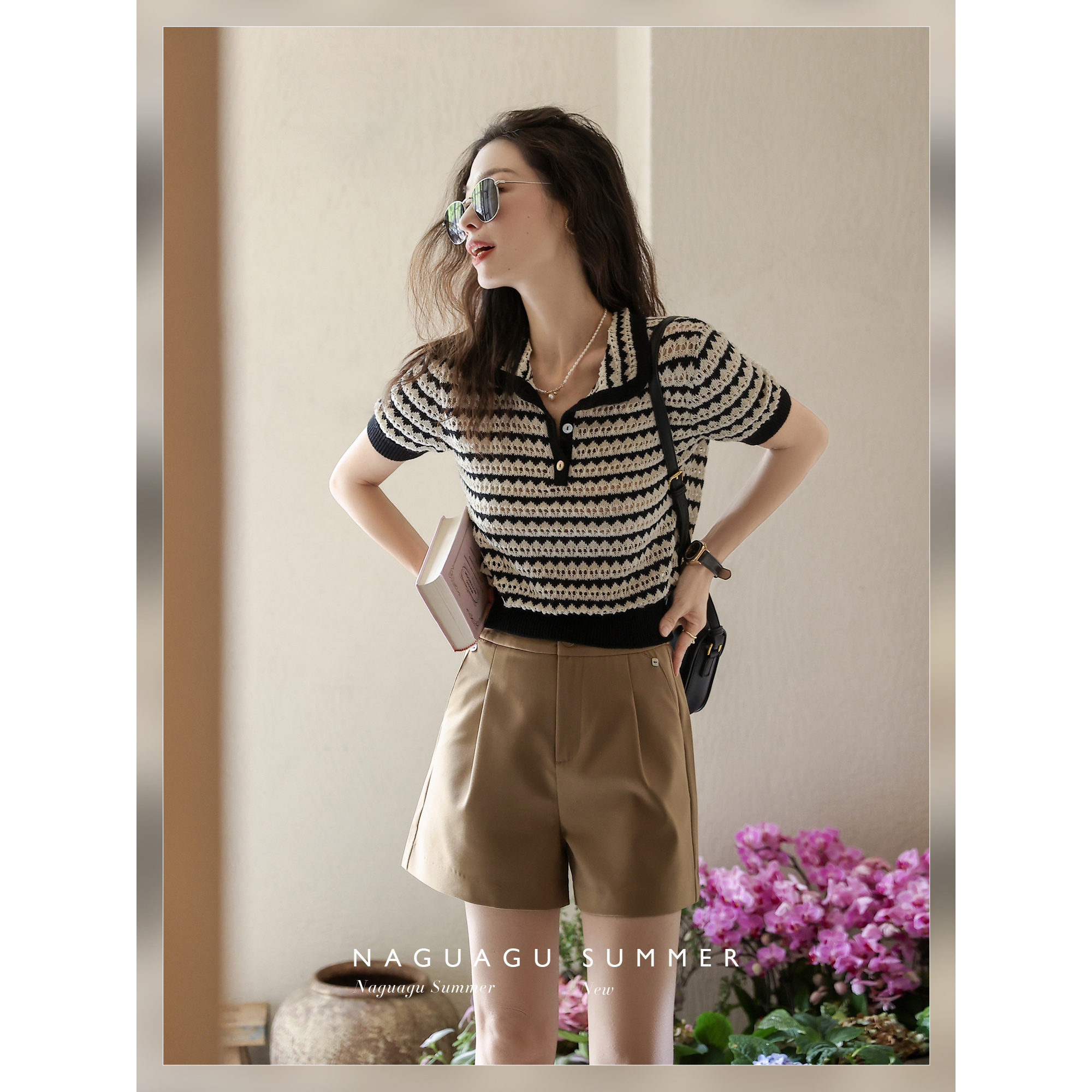 南瓜谷【博耐顿老钱风系列】条纹短袖薄款针织衫Z2417