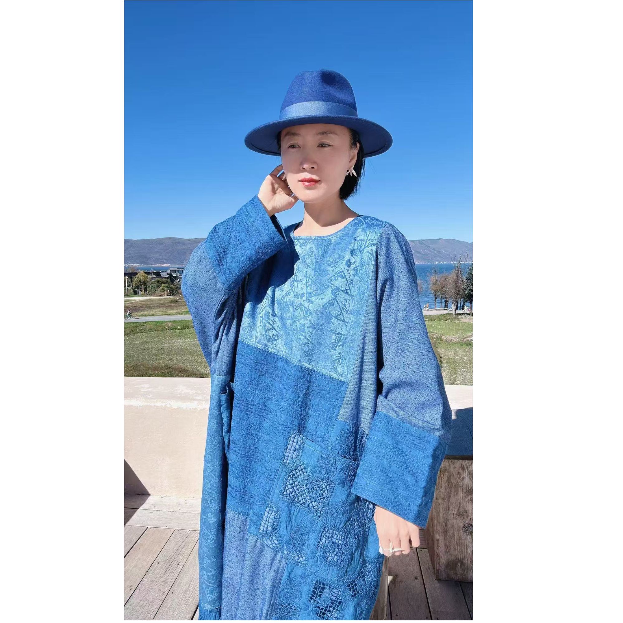 【以晴】收藏级孤品天然纺织蓝染老料柞蚕丝拼接宽松连衣裙时尚气质