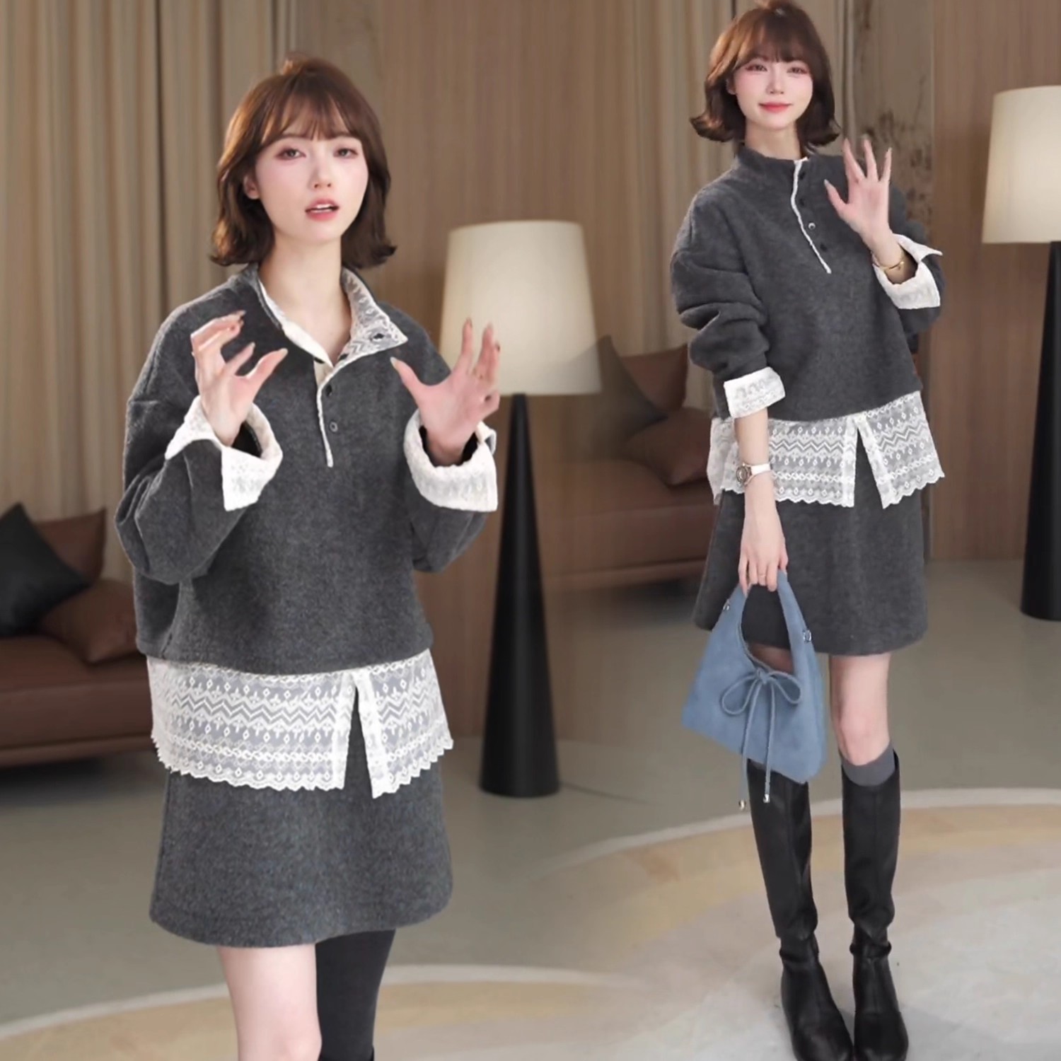 拉夏贝尔韩系蕾丝拼接卫衣半身裙套装女2025冬季新款短裙两件套潮