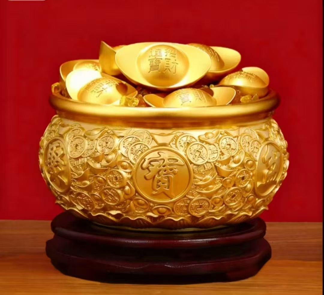 高配满盆套餐黄铜金钱聚宝盆家居办公室装饰摆件