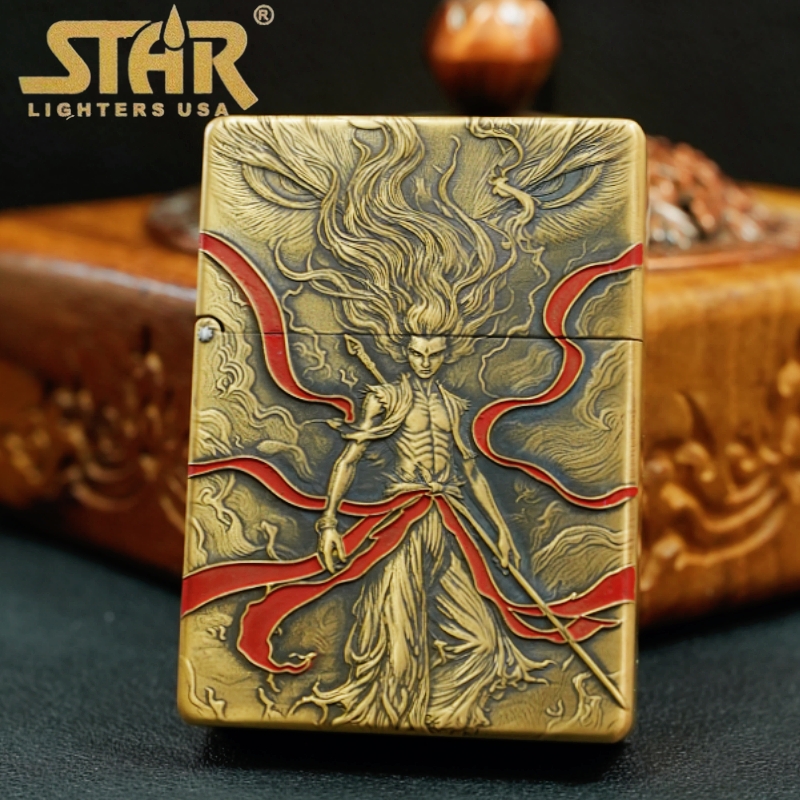 STAR恒星ST9黄铜浮雕填红漆哪吒打火机
