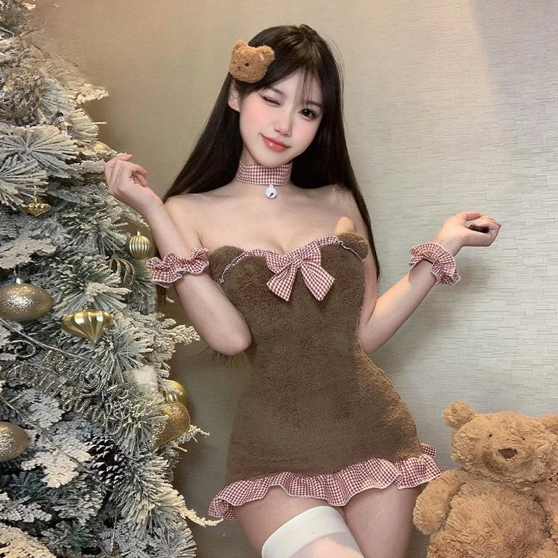 可爱露背小熊毛绒抹胸裙格子花边辣妹连衣裙性感少女甜美纯欲风