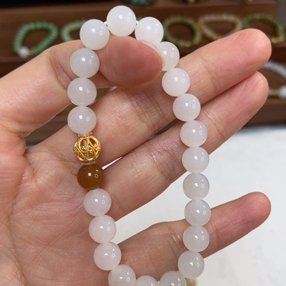 和田玉银S925镶嵌手链福利8mm白玉