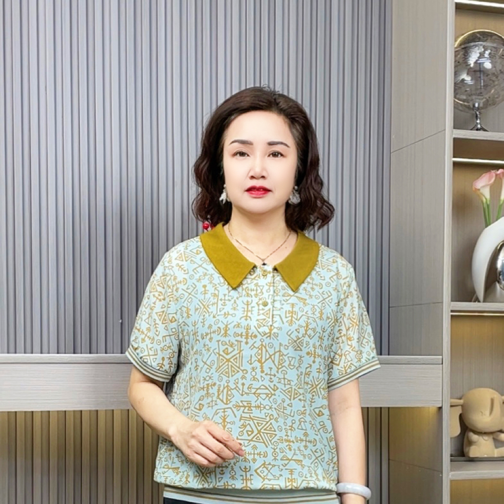 中老年女装小衫薄款晕染休闲风洋气极简风时尚翻领妈妈装小衫