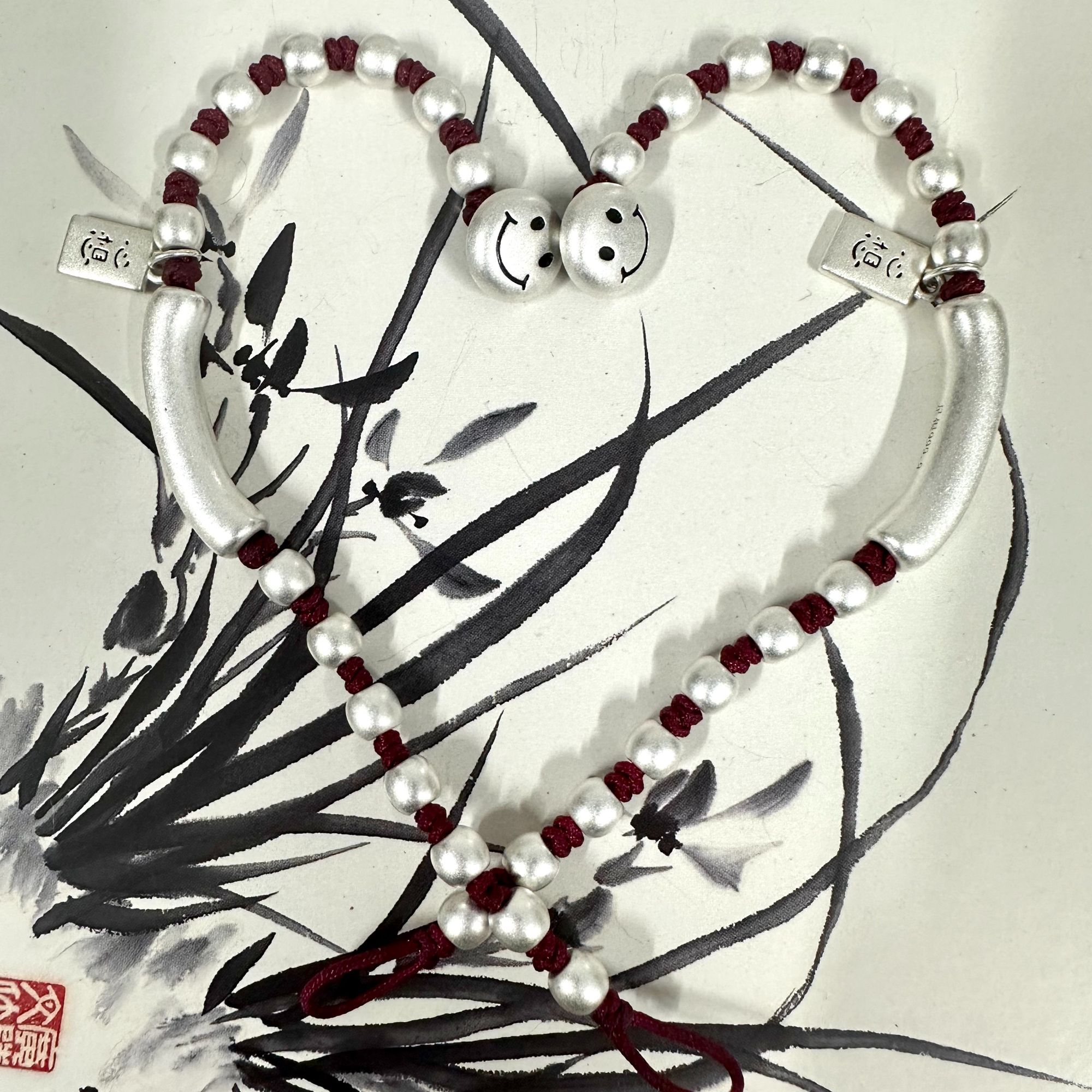 足银手链 每天开心goodluck笑脸手链时尚手编红绳百搭好看