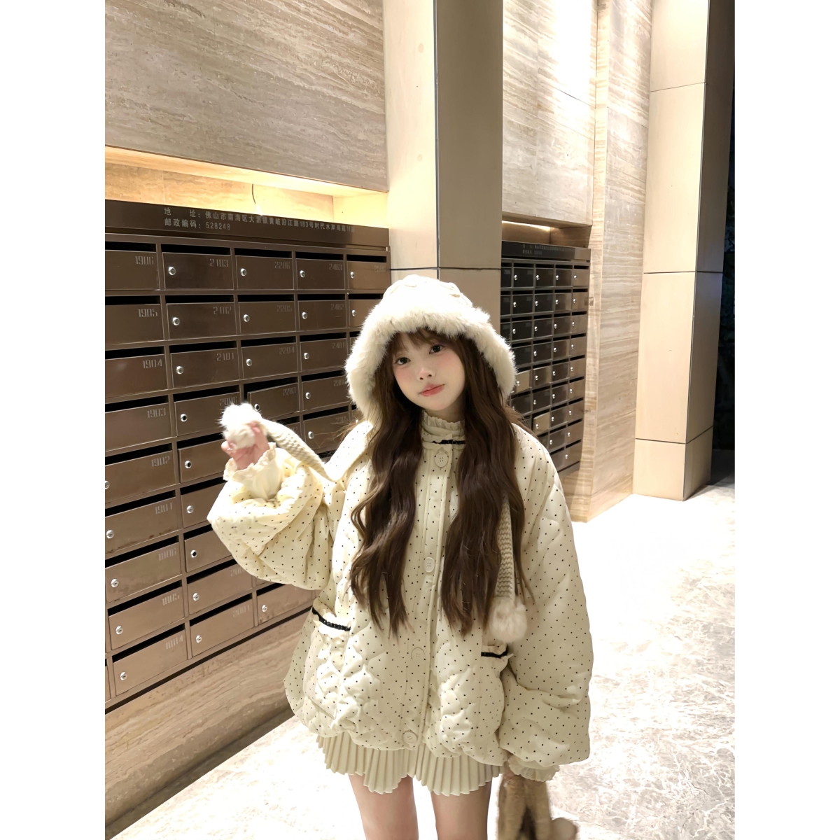  韩系复古休闲波点棉服外套女秋冬季小个子百搭宽松保暖外套