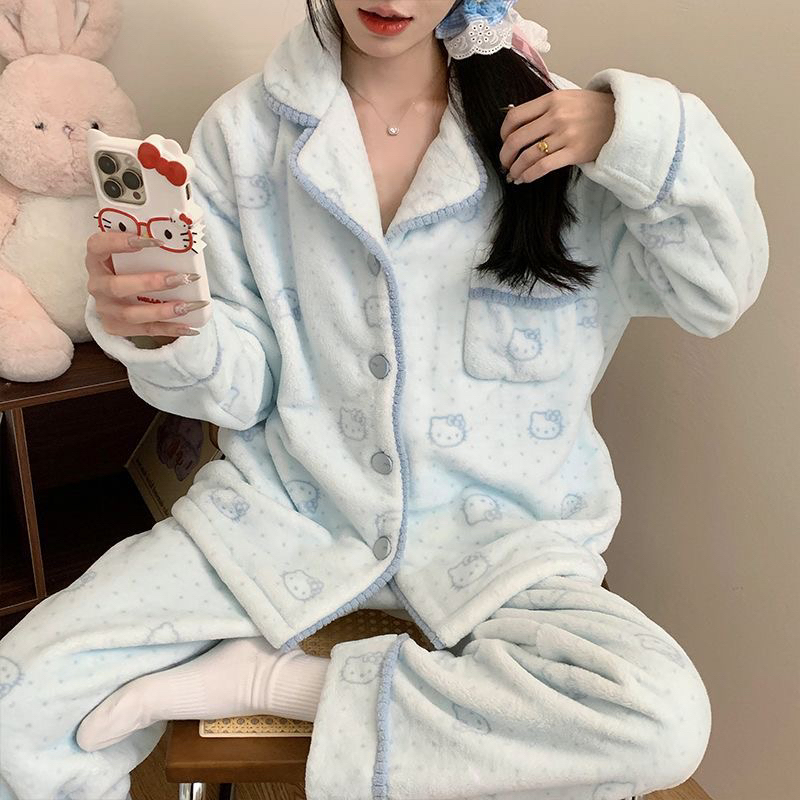 新款法兰绒蓝色波点KT加绒加厚保暖套装学生居家宿舍家居服外穿