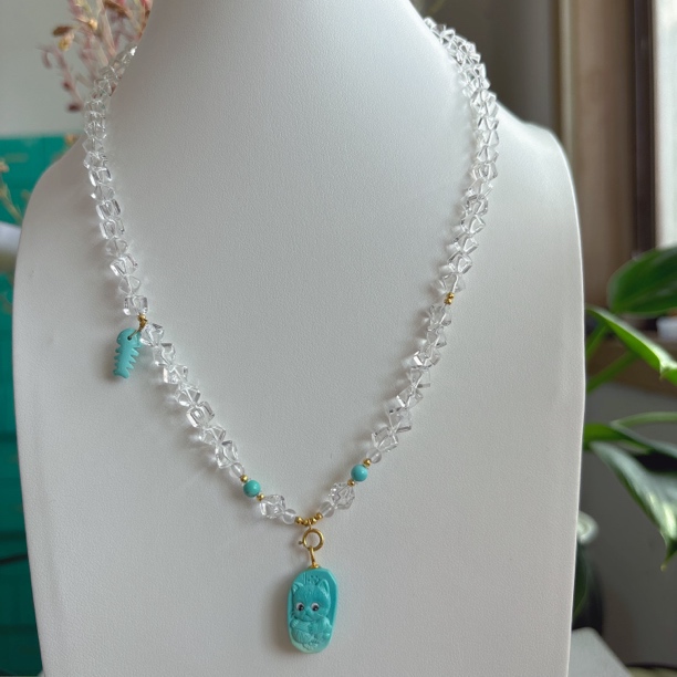 1150天然绿松石18K项链5.5mm左右，猫咪约11×18×5mm，长约46cm