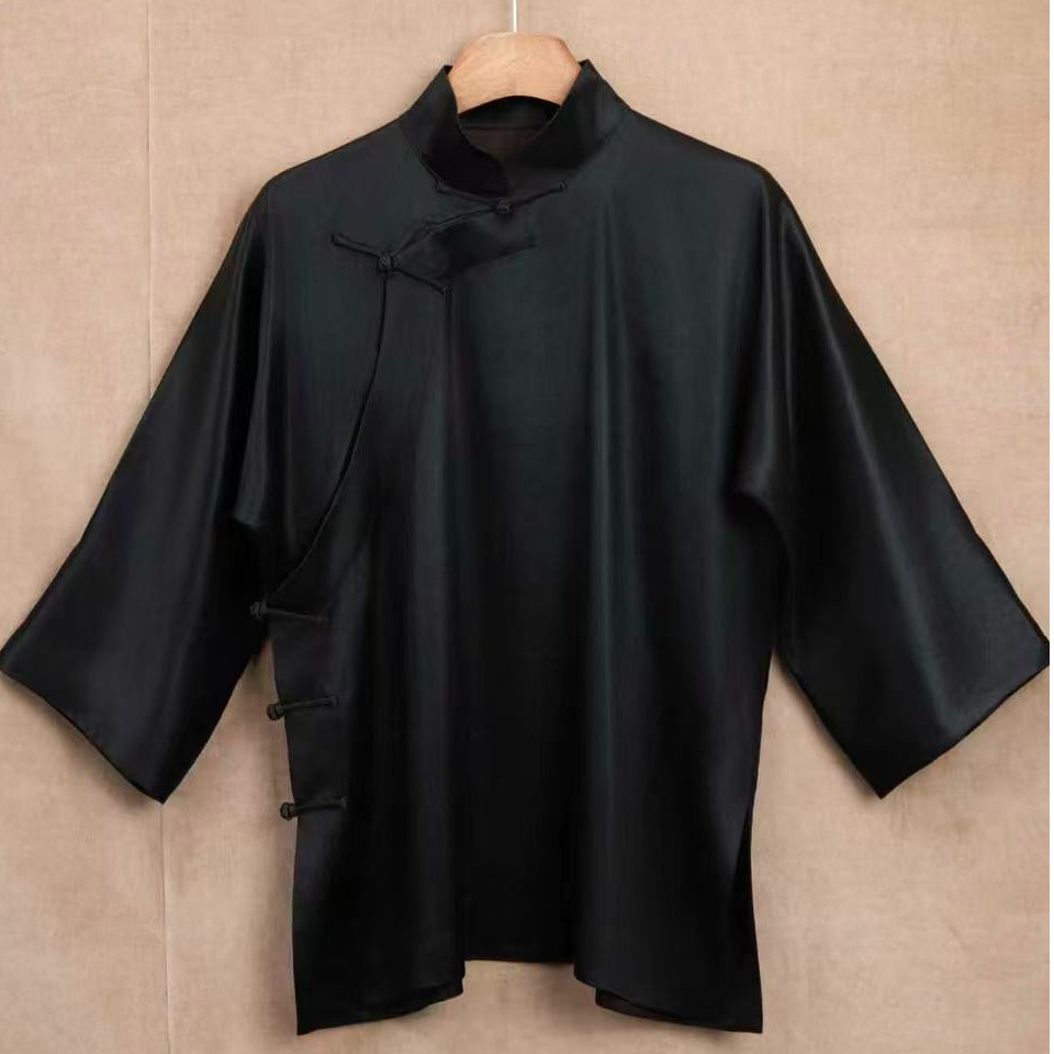 黑色香云纱桑蚕丝打底衫立领斜襟中式上衣日常百搭