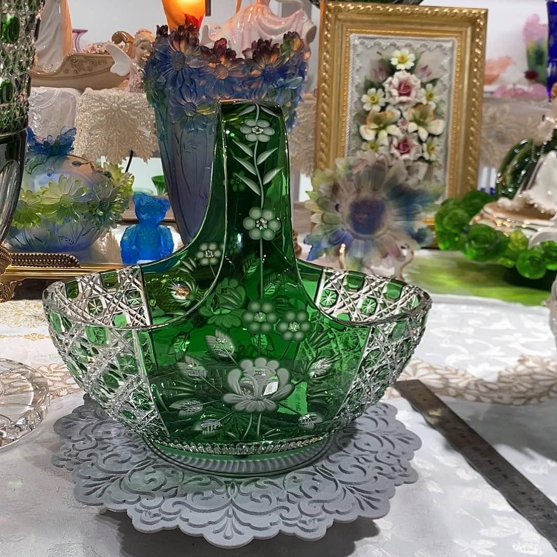 摆件0179进口水晶祖母绿水晶提篮果篮