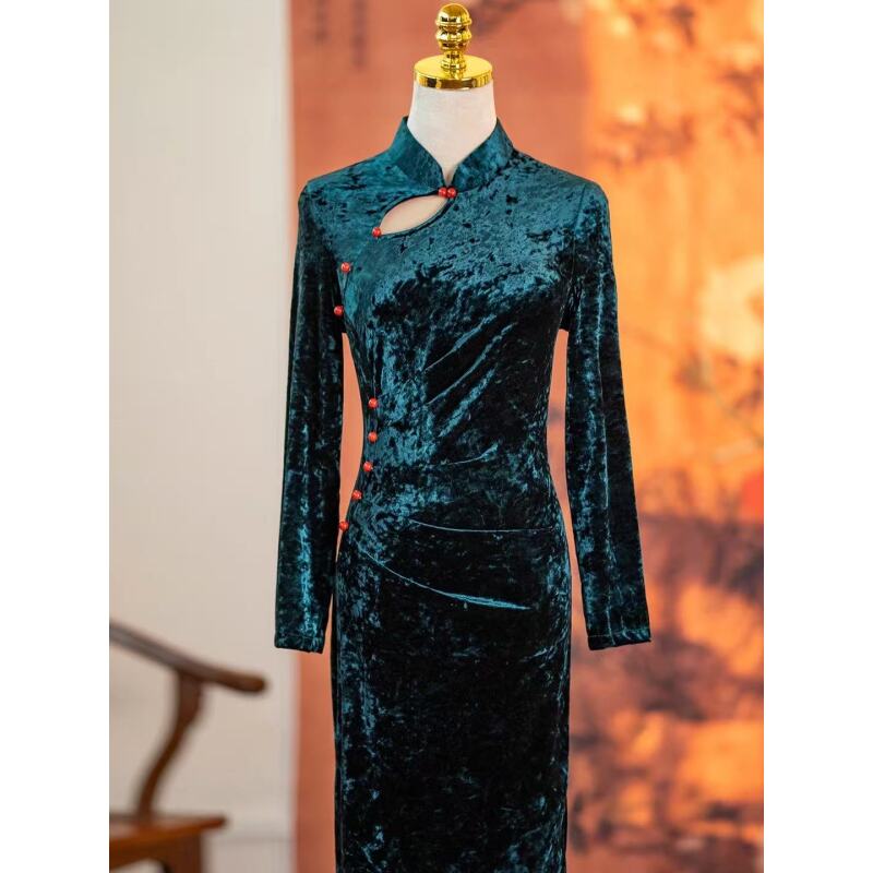 323中式复古优雅花色气质旗袍裙