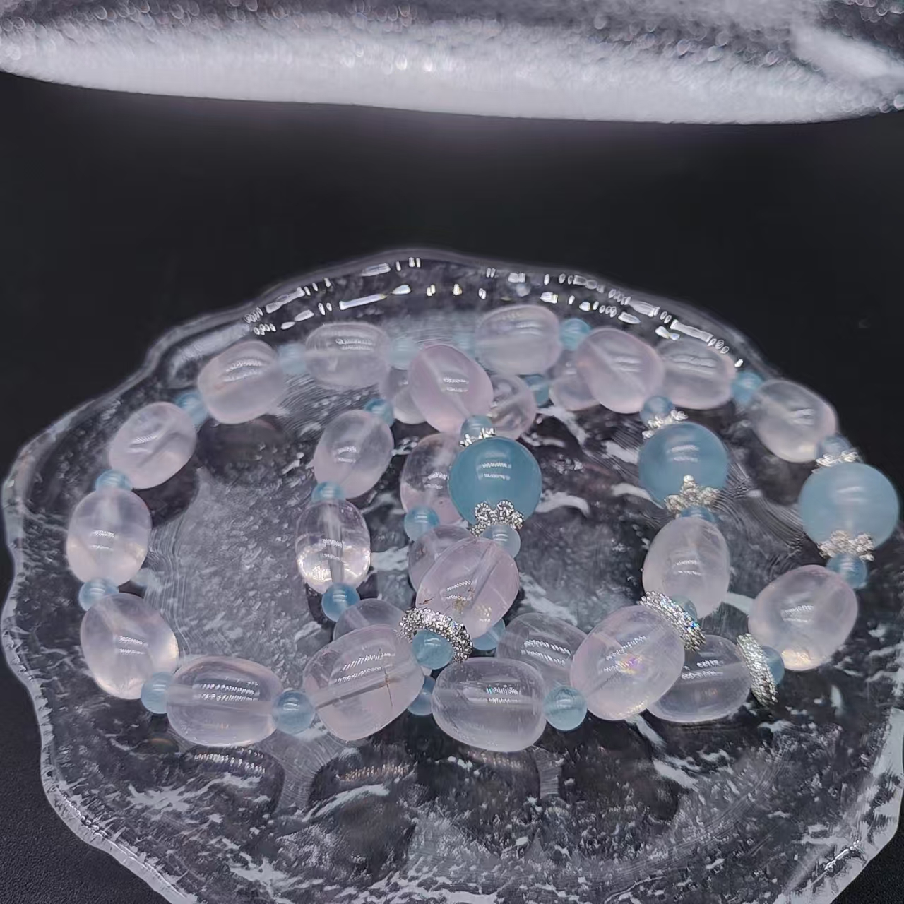 硕夏天然粉水晶12-13mm+海蓝宝设计款手链多样性发其一SX446