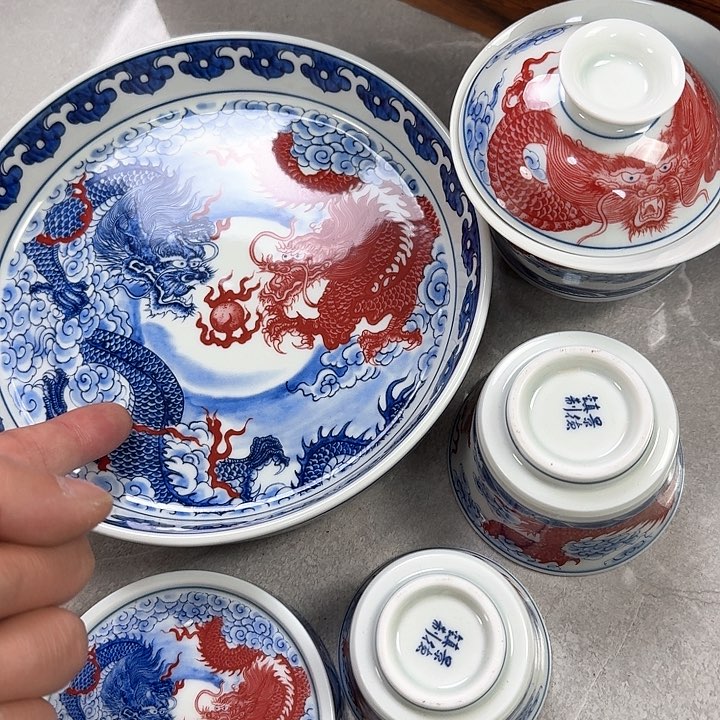 瓷片双龙戏珠5件套景德镇