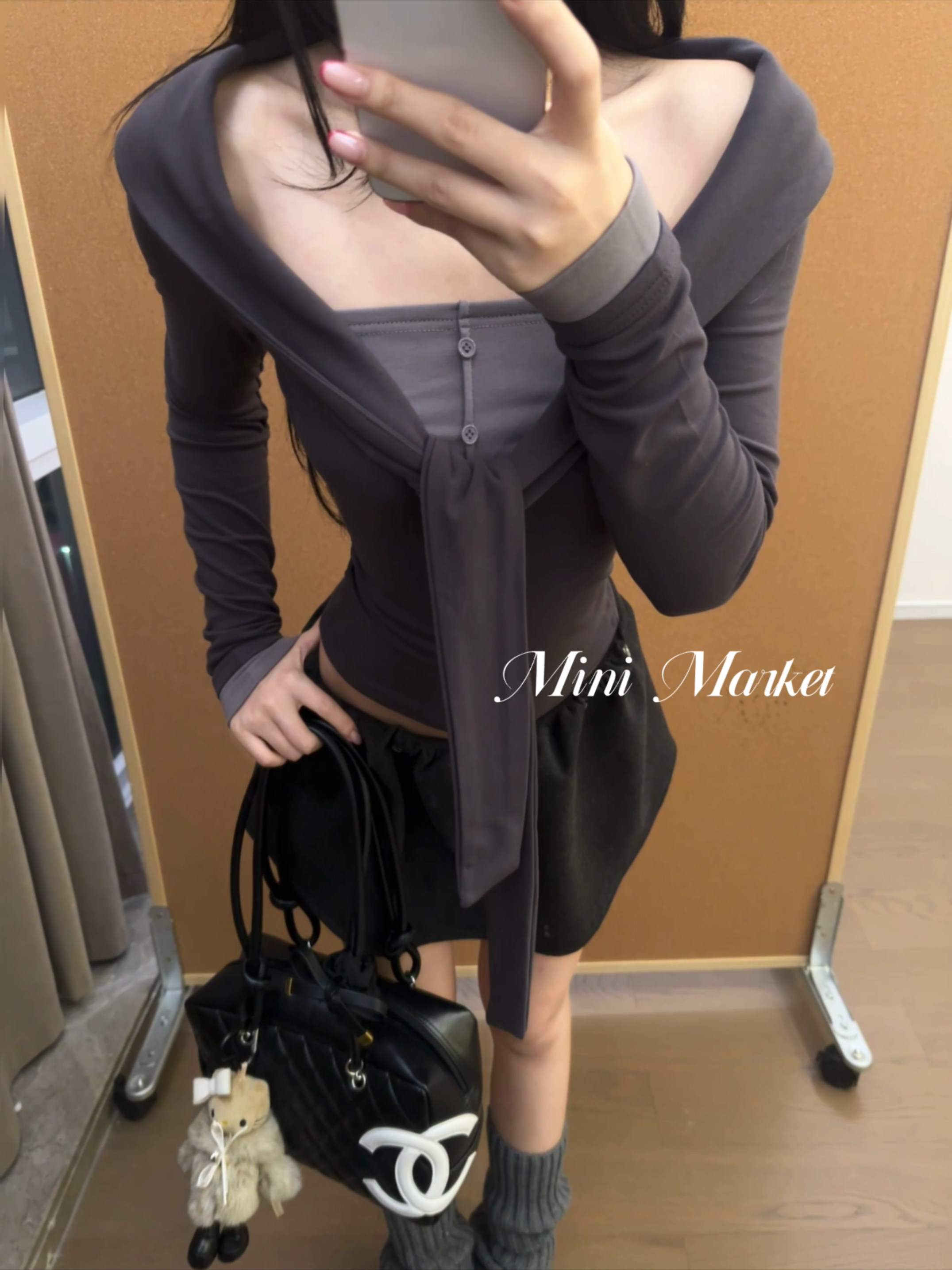 【米妮】“魔女魔法日常”亨利领假两件撞色灰打结长袖薄绒上衣