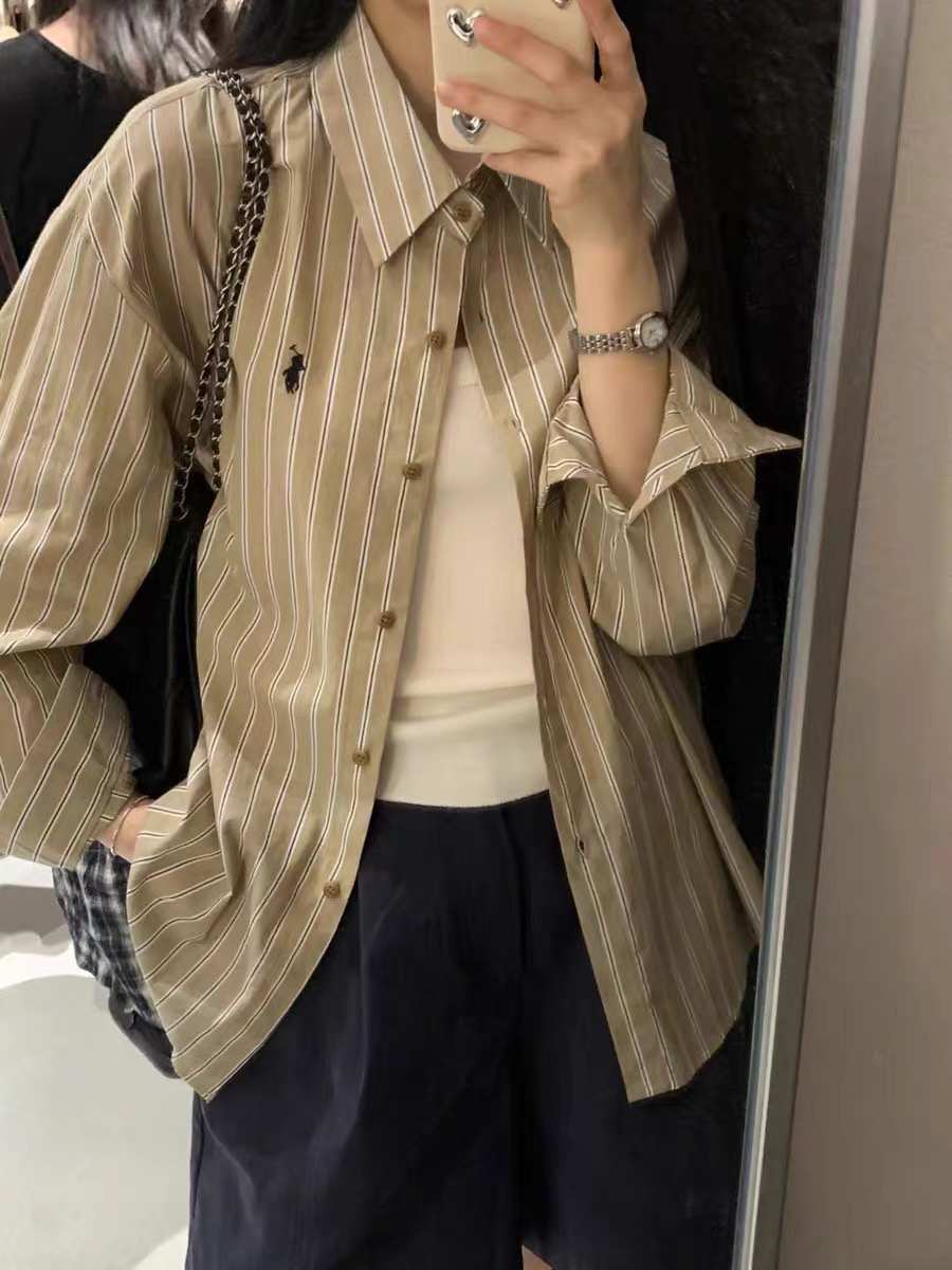2025年早秋新款复古条纹马球刺绣休闲百搭宽松显瘦衬衫女装