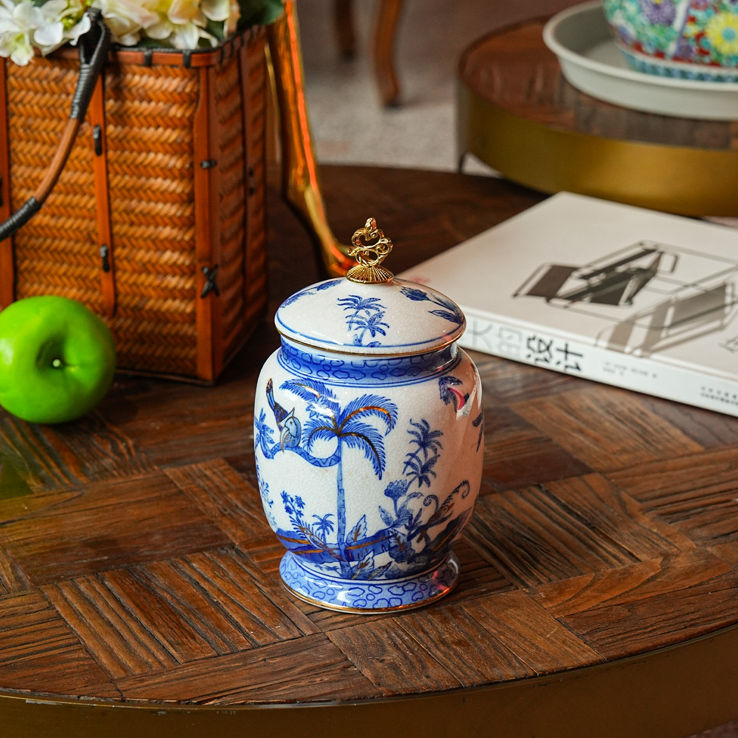 【本尼家】C24法式中国风陶瓷配铜《青花丛林》茶叶罐收纳装饰摆件