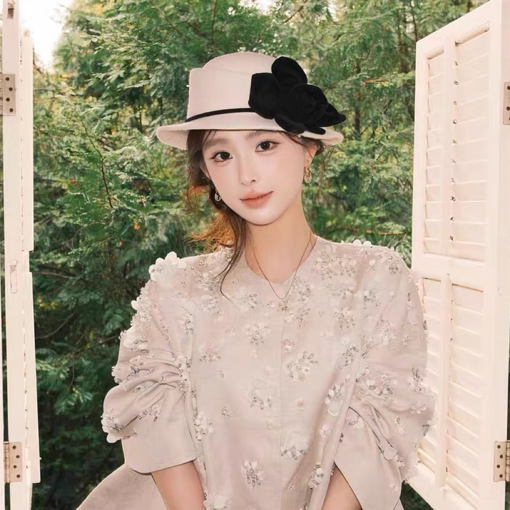 法式浪漫甜美女士羊毛秋冬圆顶小礼帽英伦名媛风花朵盆帽优雅高端