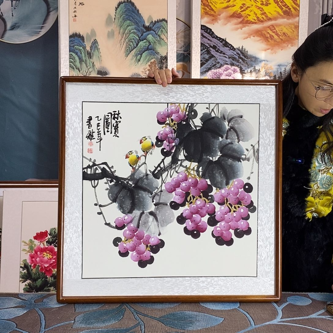 国画手写手绘国画作品带框包邮62✖️62