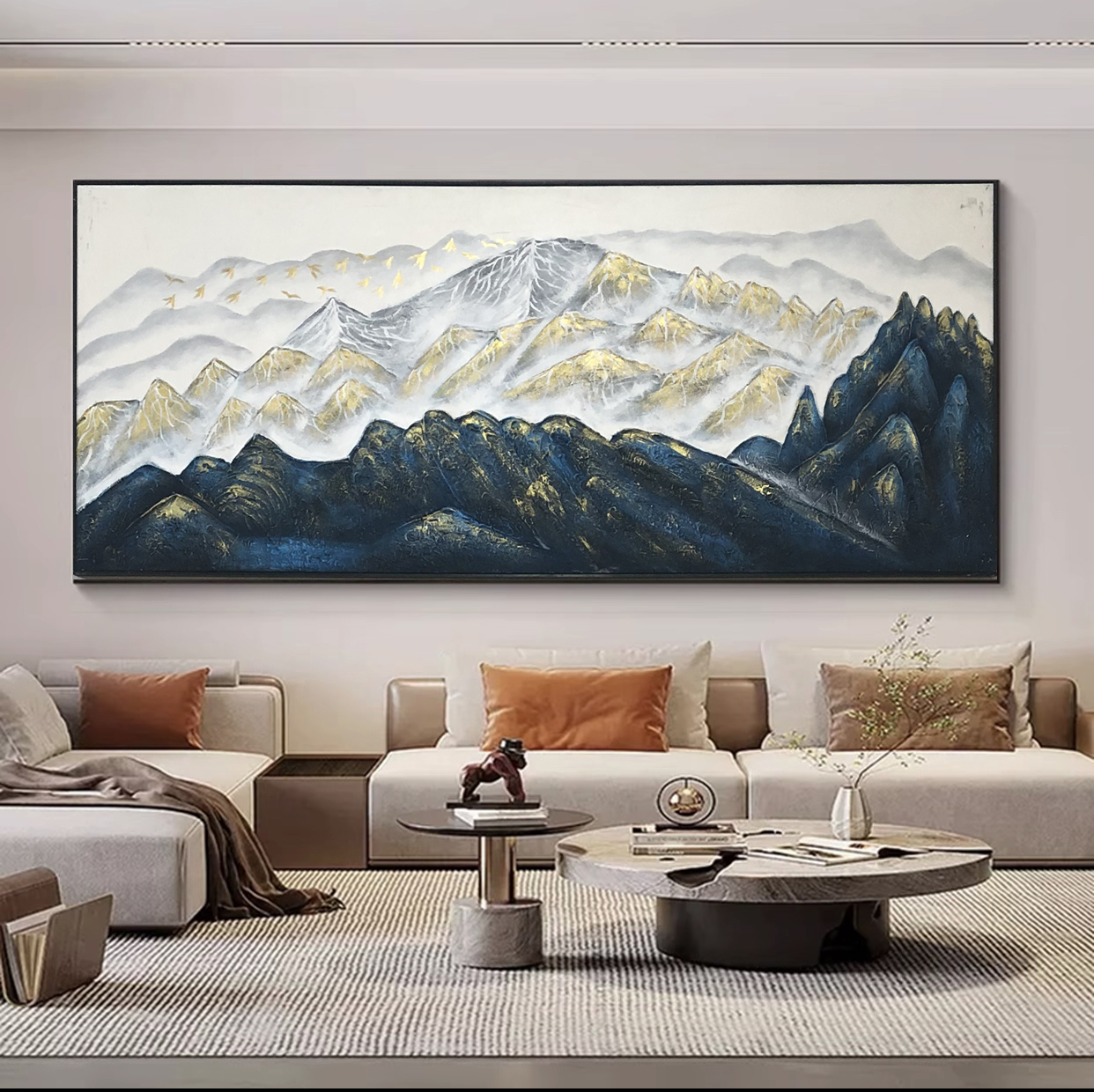 SF 48《孔雀蓝山重金山》纯手绘油画装饰画客厅三联画沙发轻奢背景