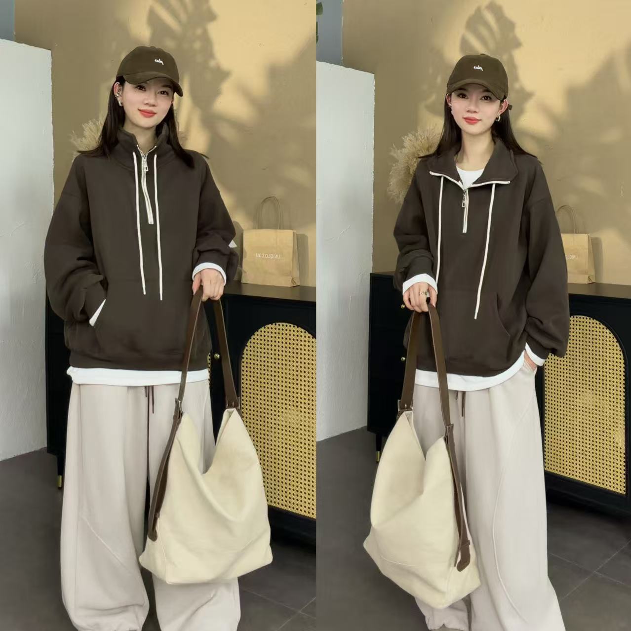 【SI MO】30065冬季新款洋气百搭撞色绳立领加绒加厚卫衣