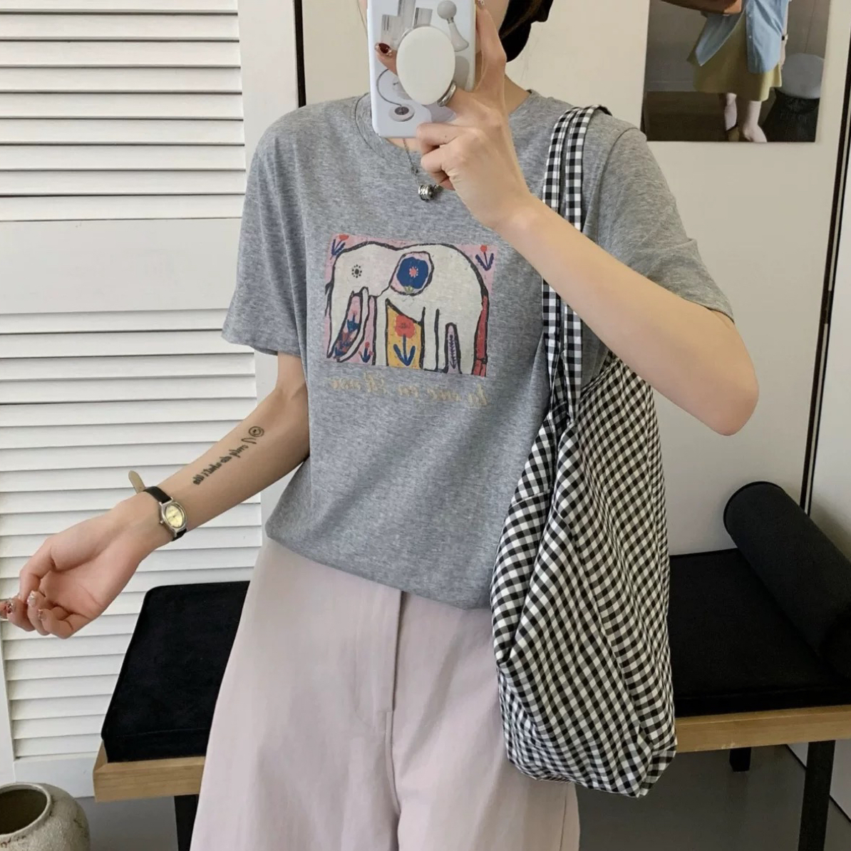 印花短袖字母T恤韩版灰色短袖t恤圆领1030