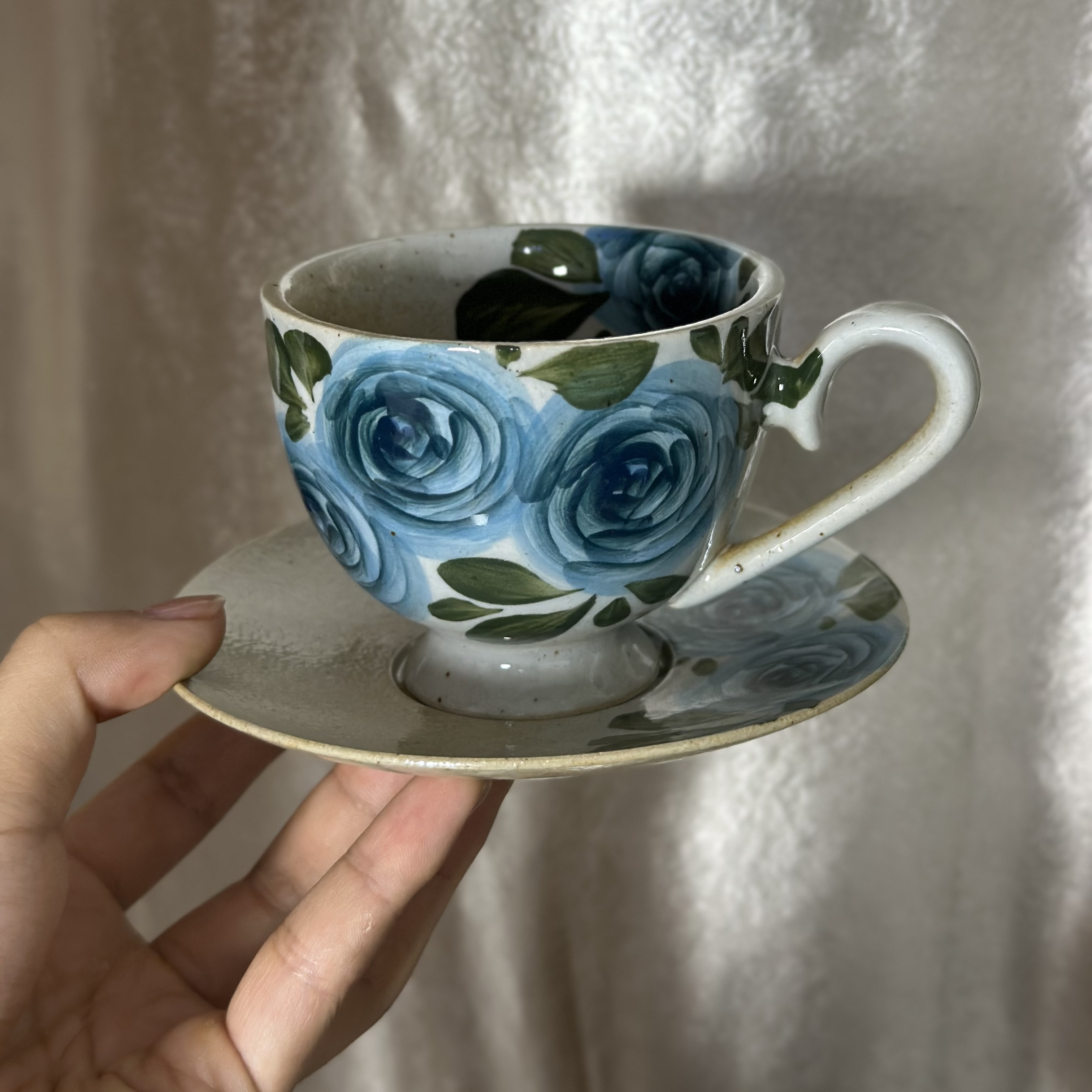 手绘蓝色玫瑰花矮脚咖啡杯水杯
